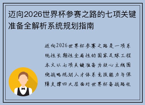 迈向2026世界杯参赛之路的七项关键准备全解析系统规划指南 迈向2026世界杯参赛之路的七项关键准备全解析系统规划指南